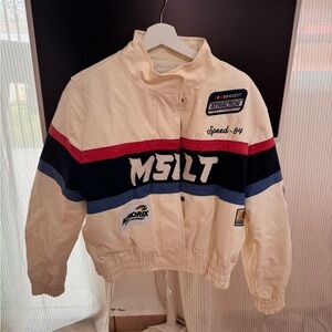 Mango Limited Edition Cotton Cream 80s Racing Jacket with Red and Blue Accents
